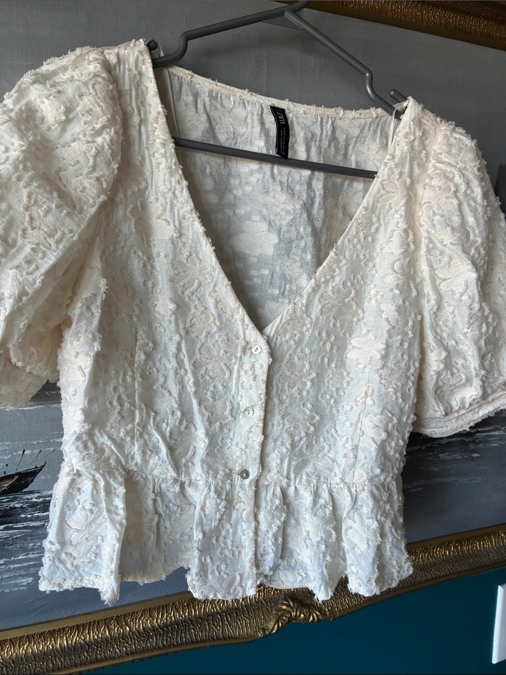 Zara White Textured Puff Sleeve Blouse | Medium |